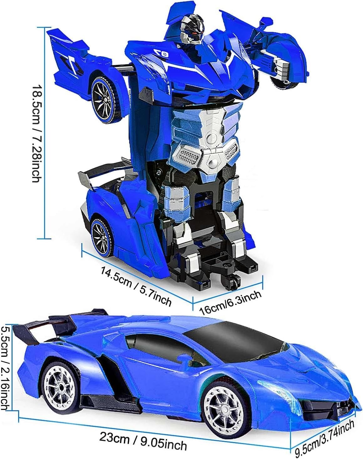 Auto Telecomandata Robot Trasformabile 1:18 2.4GHz 360° Luci LED USB Bambini Blu