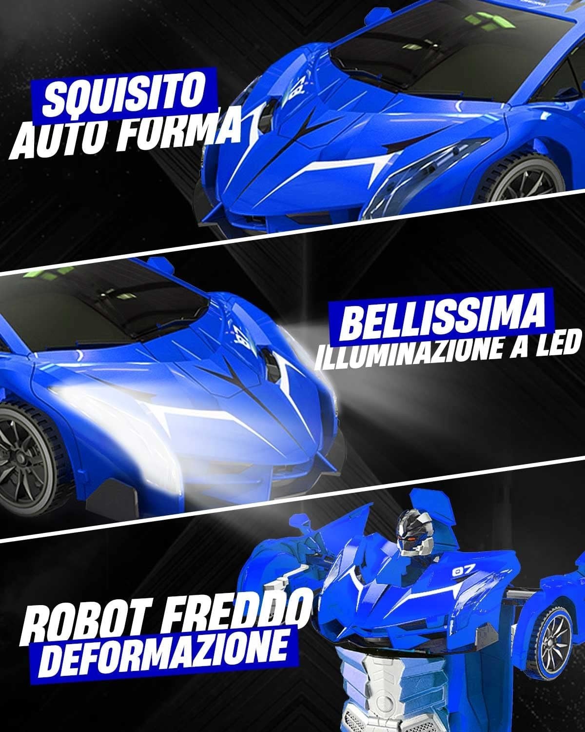 Auto Telecomandata Robot Trasformabile 1:18 2.4GHz 360° Luci LED USB Bambini Blu