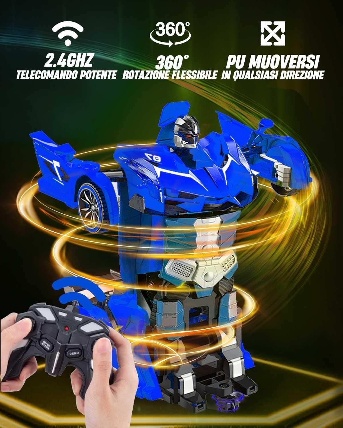 Auto Telecomandata Robot Trasformabile 1:18 2.4GHz 360° Luci LED USB Bambini Blu