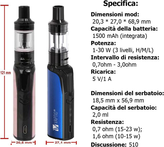 VAPTIO Cosmo Kit Sigaretta Elettronica 1500mAh Batteria 30W Vape Pen con Serbatoio Cosmo da 2,0 ml, 2 pezzi Bobina Cosmo 0,7ohm/1,6ohm,No E Liquid No Nicotina(blu)